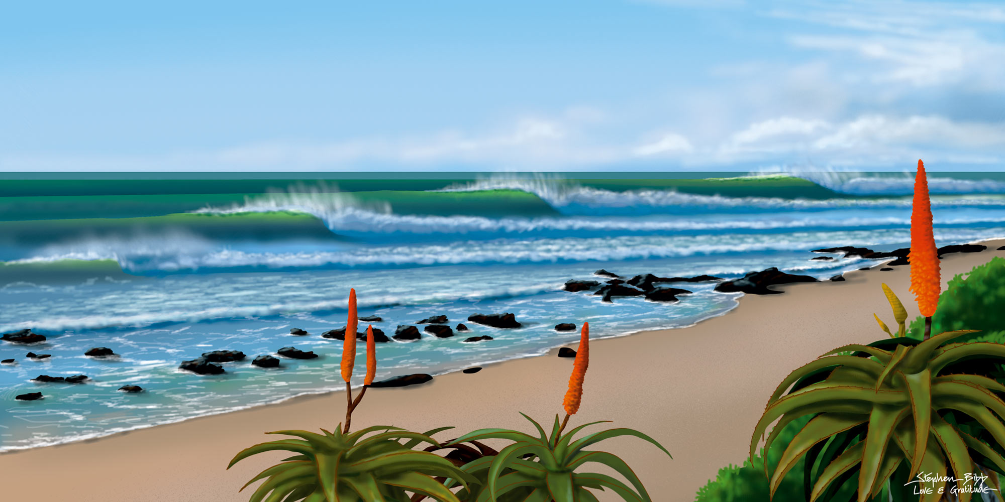 A digital Illustration of Supertubes, J-Bay, South Africa. Created with the digital Airbrush and the wacom tablet.