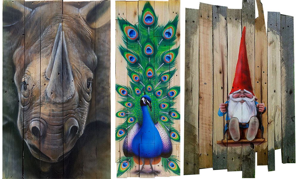 Airbrushed art on rough pallet wood. The rhino, peacock and Gnome for 3 very different effects.